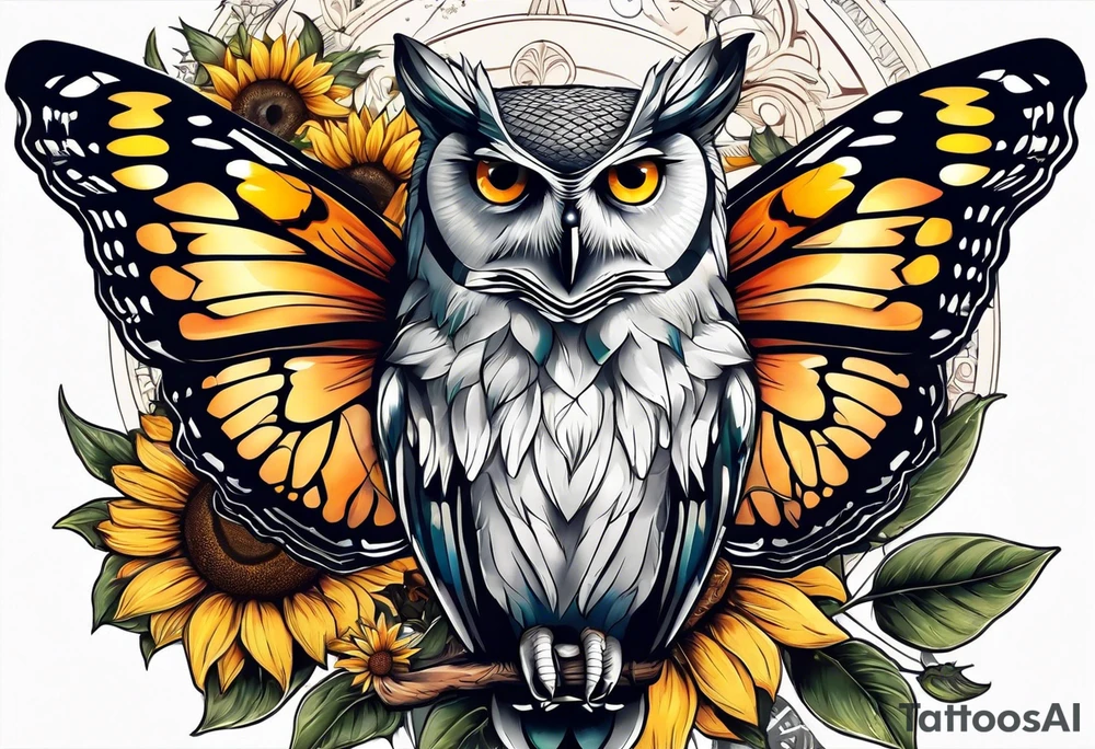 An owl with a Butterfly sitting on a sunflower i tattoo idea