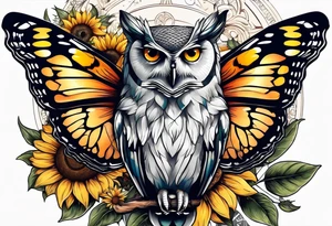 An owl with a Butterfly sitting on a sunflower i tattoo idea