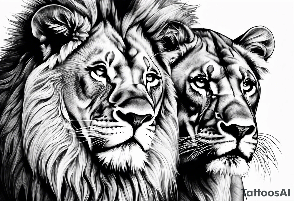 Realistic lion and lioness bonding tattoo idea