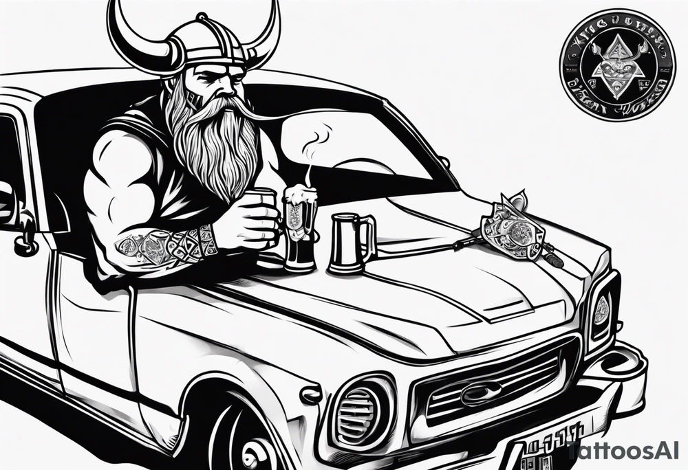 A Viking sitting in a car drinking a beer and smoking tattoo idea A Viking sitting in a car drinking a beer and smoking tattoo idea