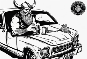A Viking sitting in a car drinking a beer and smoking tattoo idea