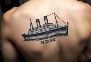 ship image of the titanic with date it hit the iceberg 04/14/1912 tattoo idea