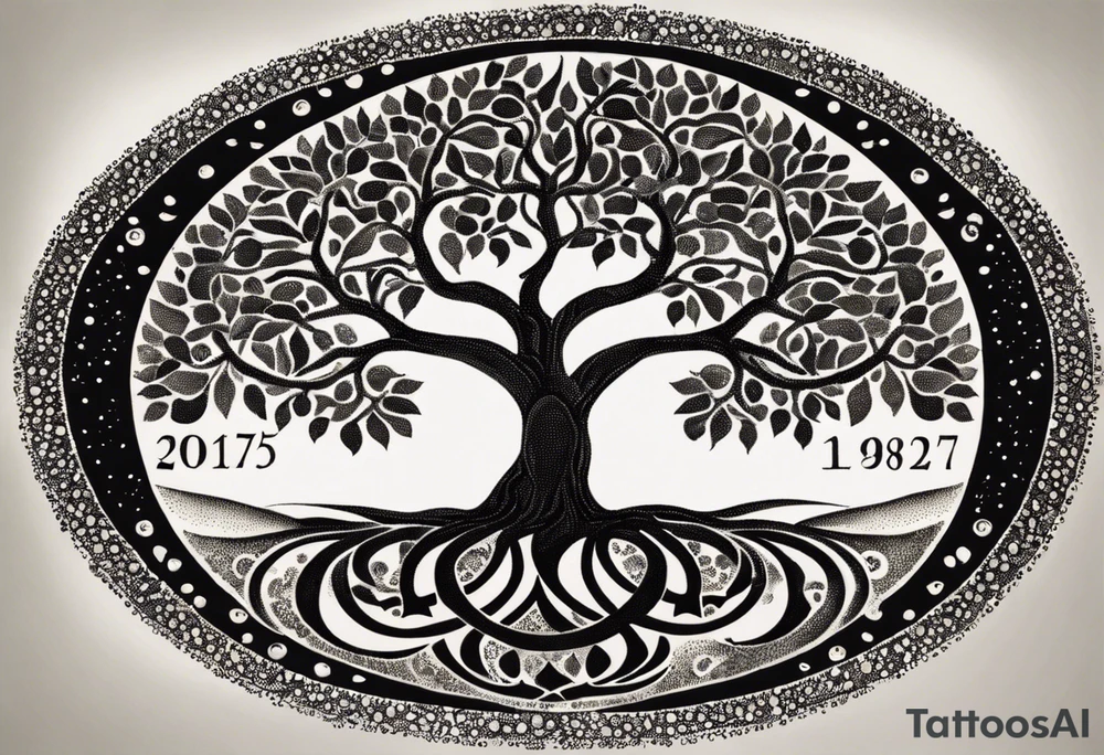 A Tree of Life in a circular design. The Dates 12.02.1985 and 21.02.1987 should be part of the tattoo, too. tattoo idea