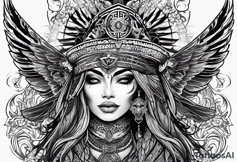 black kali, goddess pirate, alien, pachamama, valkrye, warrior, skull, lotus azul, wing, eagle, zenza resonance, stars, one side chest tattoo idea