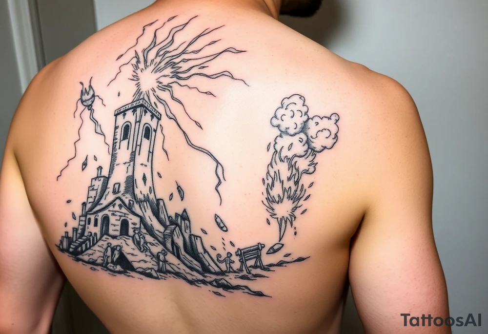 this will be a right arm sleeve.

A crumbling tower struck by lightning, with people scattering in chaos.
Fire raining down from heaven on a burning city, with smoke rising.
A blazing altar with fire falling from heaven
 Floodwaters overtaking the earth, with an ark in the distance. tattoo idea