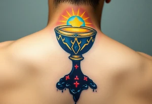 holy grail, glowing with soft blues and golds, surrounded by soft rays of light, opposed to a dark chalice, dripping black liquid, with red glowing symbols tattoo idea