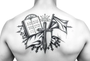 Forearm bracer incorporating the Bible, stained glass, the Christian flag, and Protestant themes tattoo idea