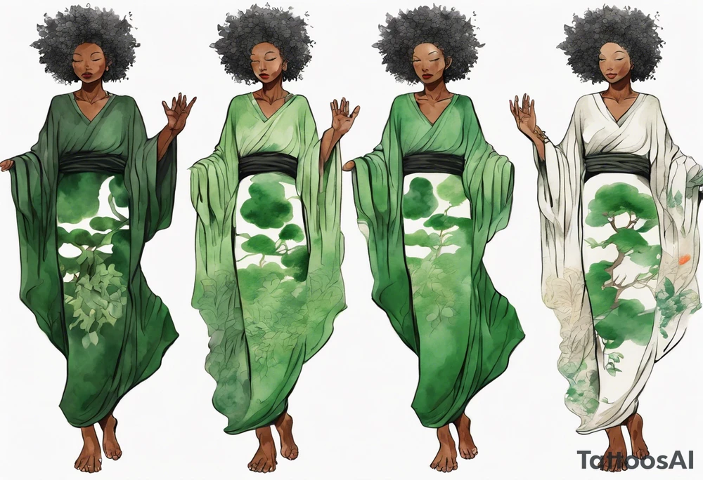 a tree that turns into a black woman reaching with her arms towards the sun, wearing a green tunic tattoo idea