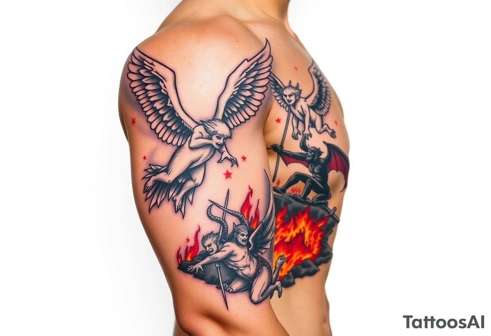 Heaven’s angels fighting hells demons. Angels flying and demons climbing up out of hell tattoo idea