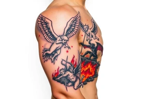 Heaven’s angels fighting hells demons. Angels flying and demons climbing up out of hell tattoo idea