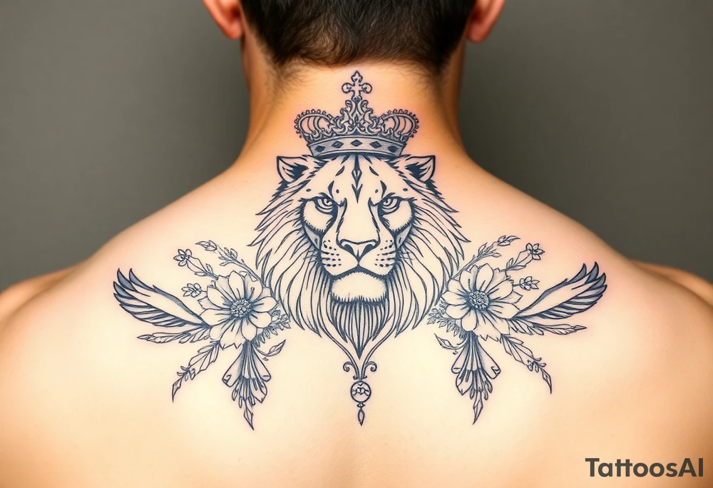 powerful majestic lion with a crown, surrounded by floral ornaments and birds tattoo idea