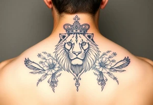 powerful majestic lion with a crown, surrounded by floral ornaments and birds tattoo idea
