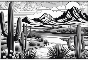 Arizona desert with lakes and mountains over cactus tattoo idea