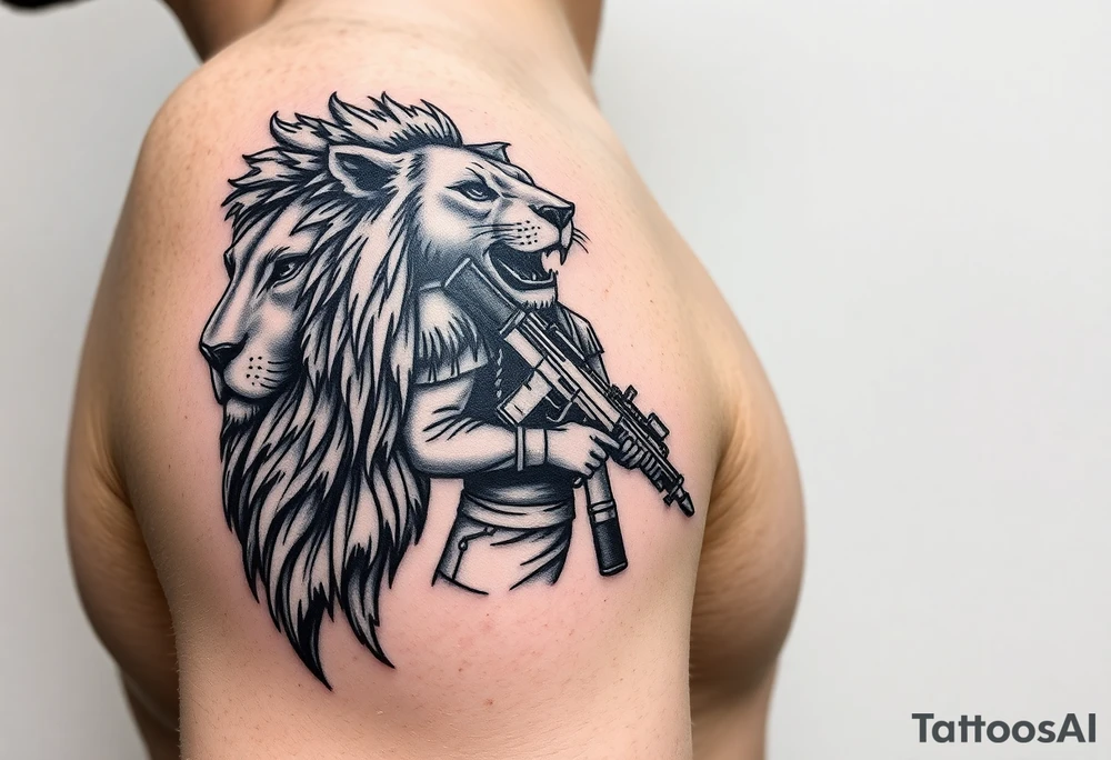 a lion on the shoulder, that transitions into a soldier on the bicep, and then into a bible verse on the forearm tattoo idea