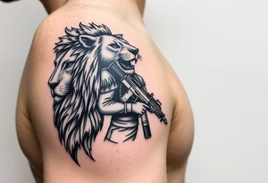 a lion on the shoulder, that transitions into a soldier on the bicep, and then into a bible verse on the forearm tattoo idea