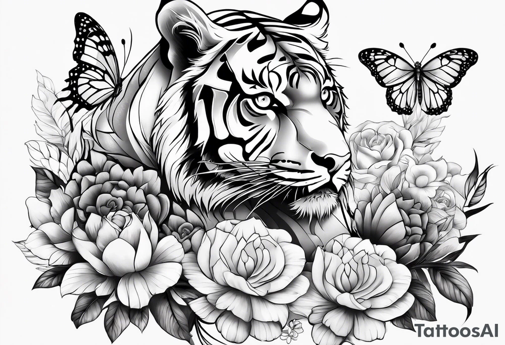 tiger, 3 butterflies, flowers for ladies thigh / hip tattoo idea