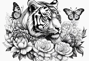 tiger, 3 butterflies, flowers for ladies thigh / hip tattoo idea