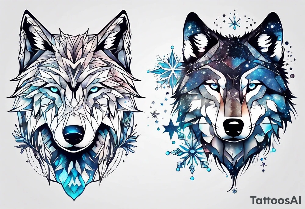 Constellation, two animal wolf, snowflake tattoo idea
