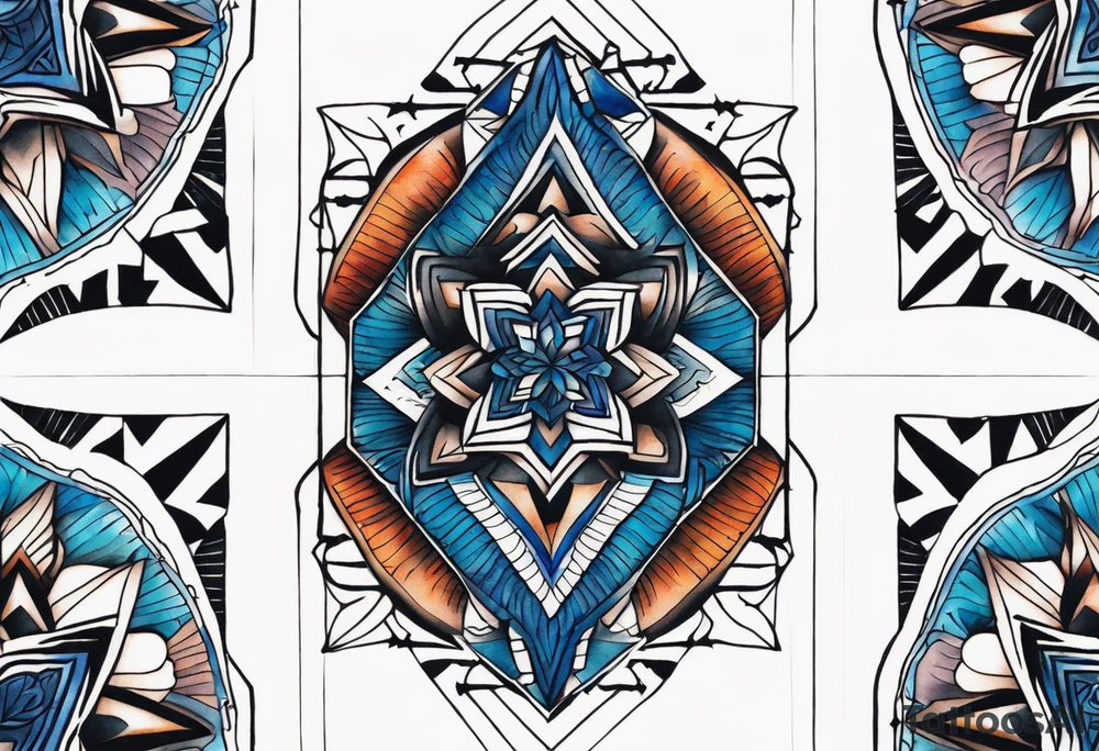 semi Detailed neo traditional knee tattoo flat on paper. The tattoo features geometric patterns and bold lines, creating a visually striking design with slight tints of deep fall colors. The a background featuring deep blues washes and water swirls tattoo idea