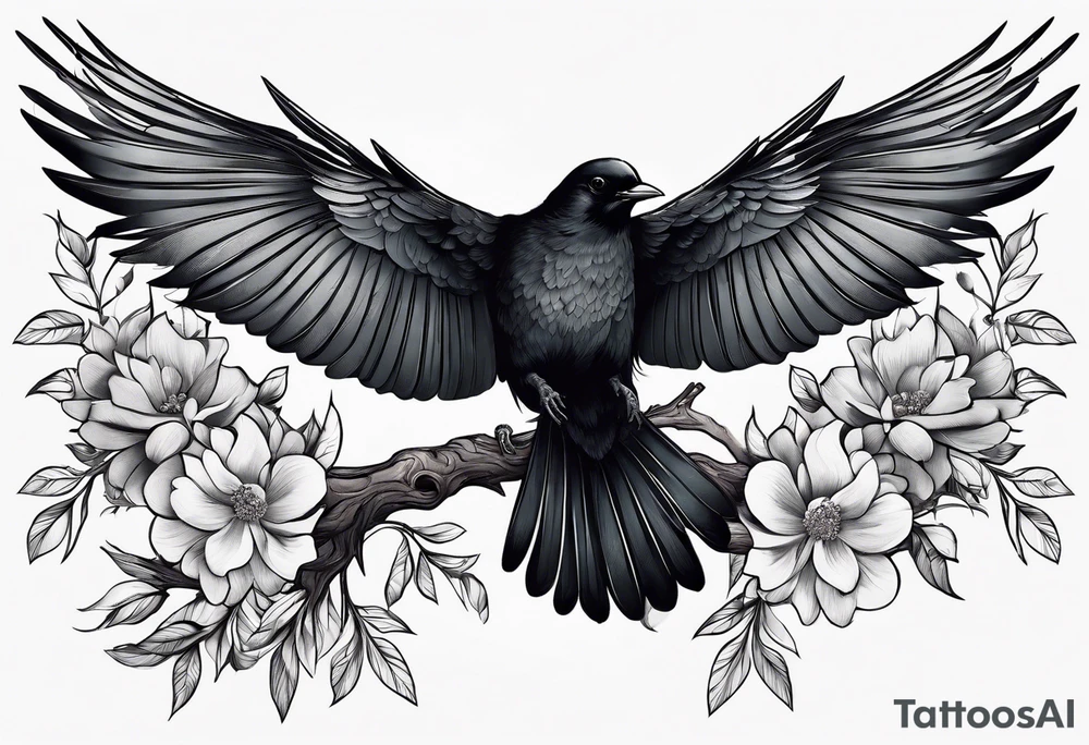 Black bird with its wings up about to fly on a branch with flowers tattoo idea