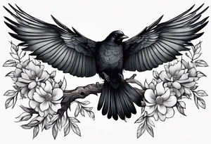 Black bird with its wings up about to fly on a branch with flowers tattoo idea
