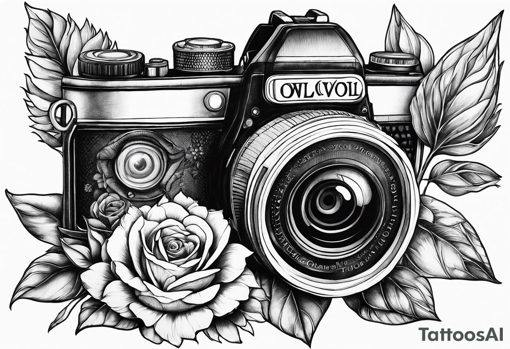 Sunflower, camera, book, owl, flower rose tattoo idea
