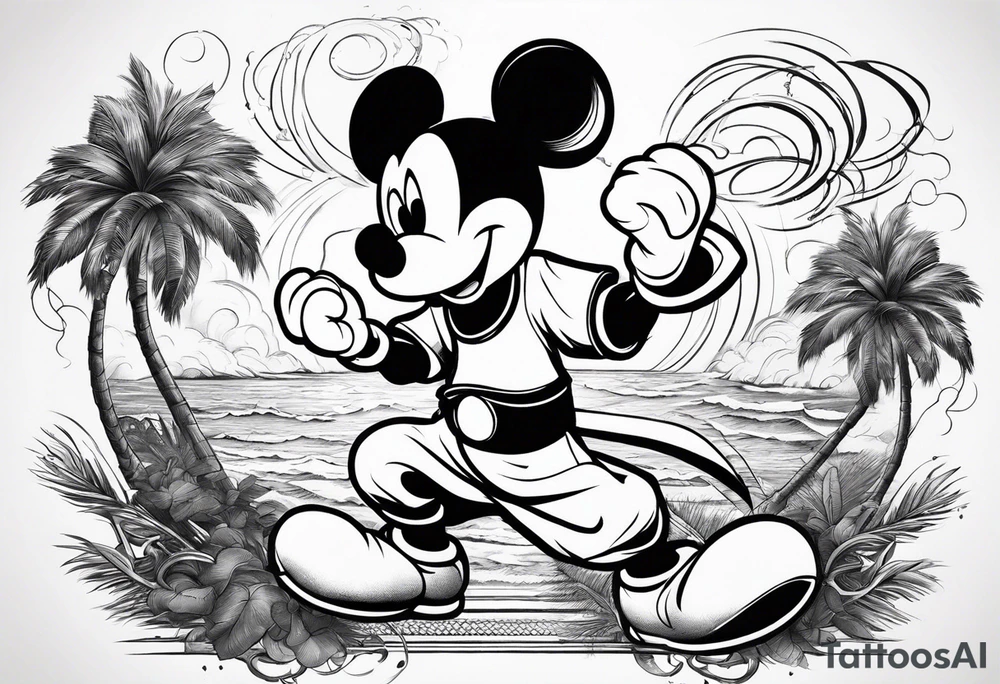 mickey mouse doing martial arts with palm trees, lightning storm and the celtic symbol for family tattoo idea
