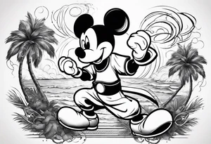 mickey mouse doing martial arts with palm trees, lightning storm and the celtic symbol for family tattoo idea