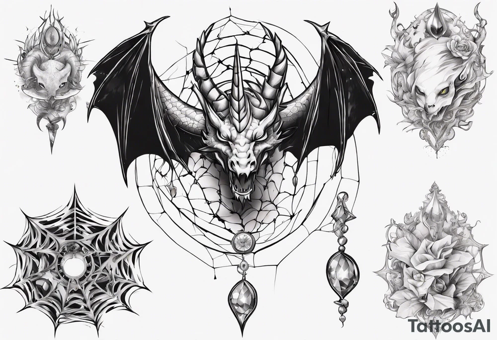 Dragon spiral spiderweb shattered chalices jewels and unicorn horn tattoo idea