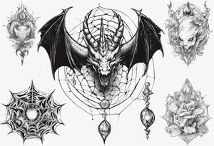 Dragon spiral spiderweb shattered chalices jewels and unicorn horn tattoo idea