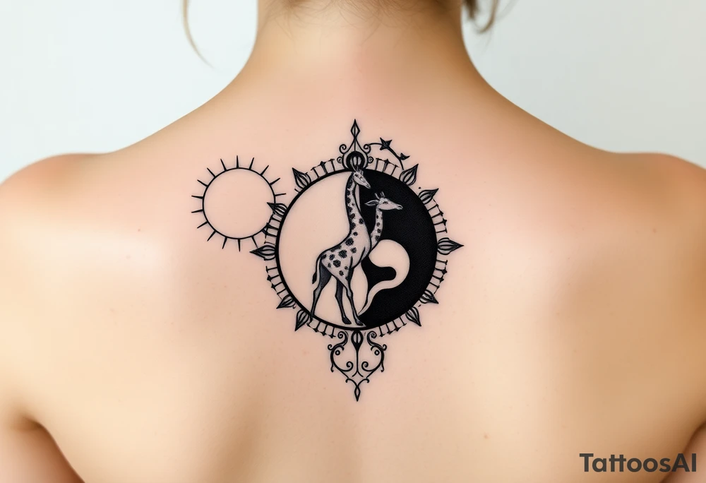 Gemini and sagittarius in a yin and yang theme, sun and moons with a giraffe tattoo idea
