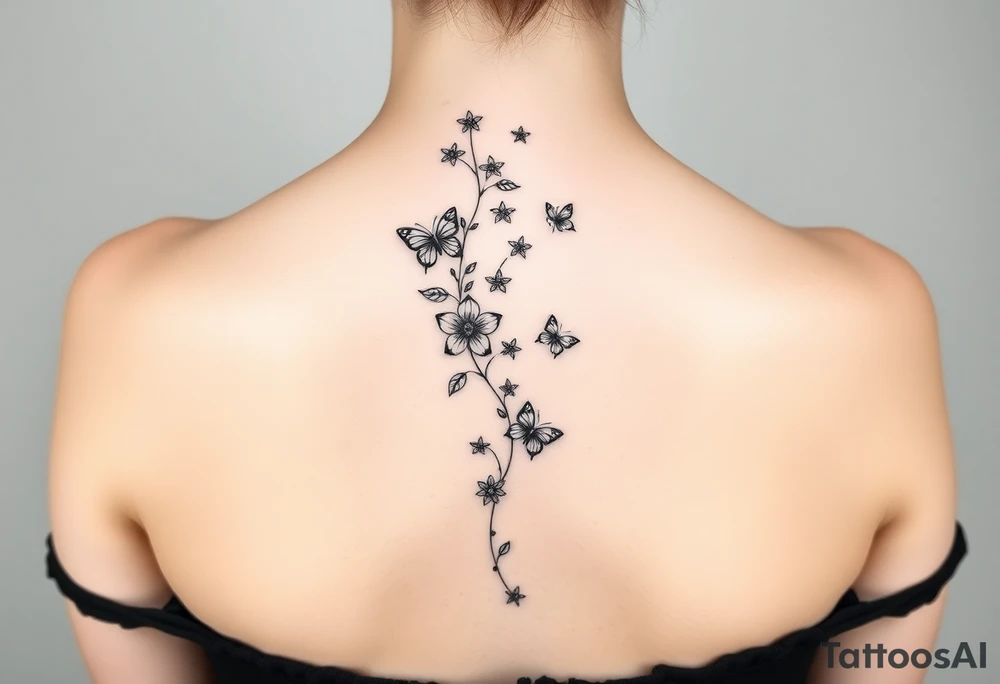 Flower vine all the way down back with butterflies tattoo idea