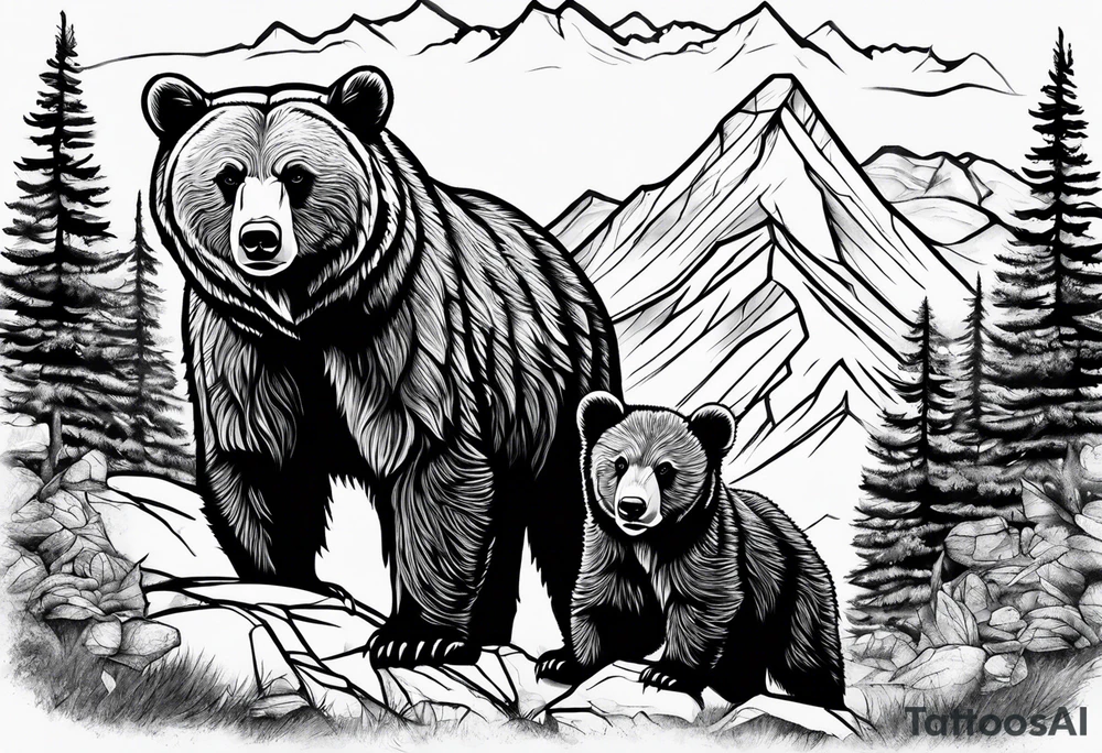 mamma bear and cub with mountains tattoo idea