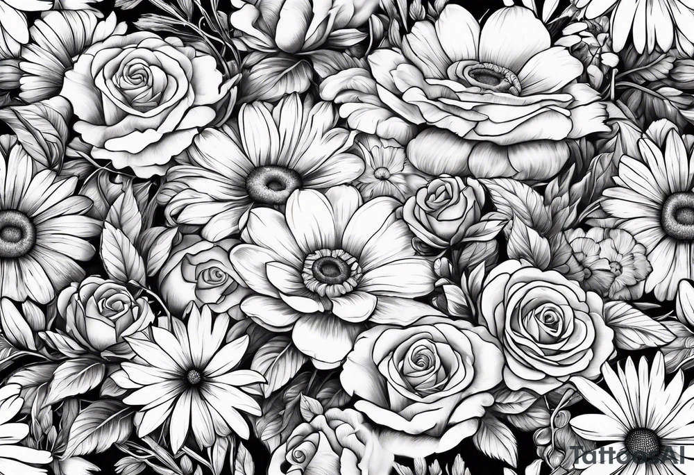 Boquet of daisys and roses with a flame surrounding them tattoo idea