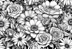 Boquet of daisys and roses with a flame surrounding them tattoo idea