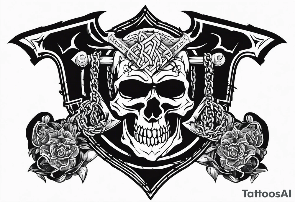 Valhalla sword shield axe barbed wire chains dark cloud tattoo idea