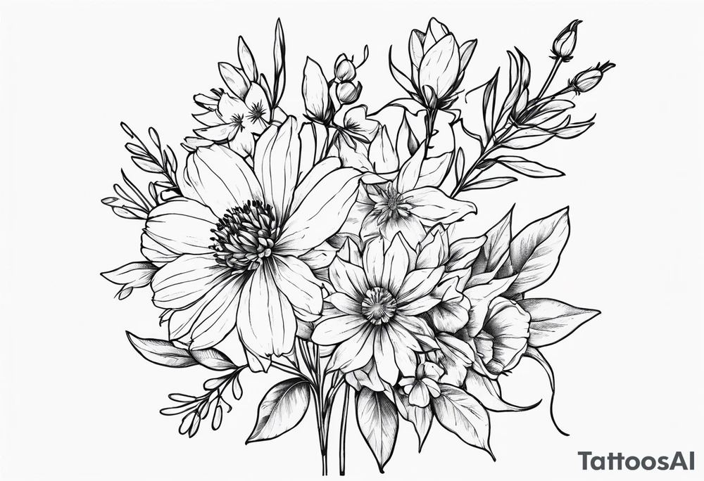 Aster and  delphinium tall bouquet tattoo idea