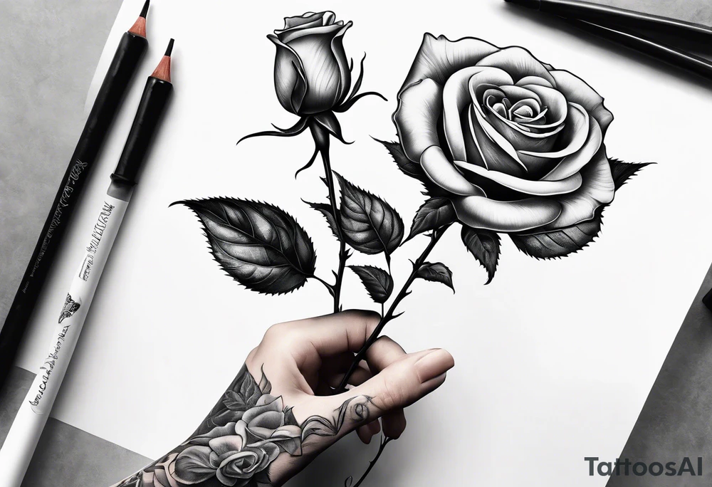 a human hand holding on to a single, long stem rose stem tattoo idea