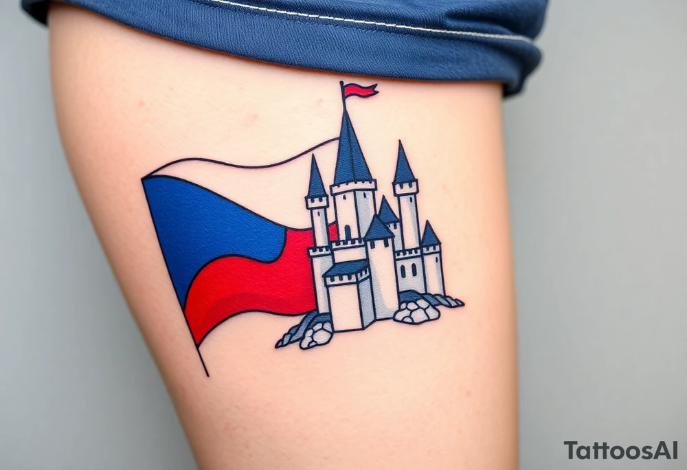 A Czech flag (blue, white up, red down) waving behind a medieval castle tattoo idea