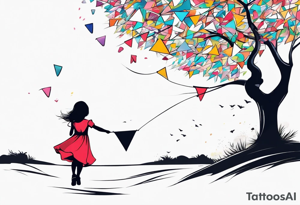 the back of a little girl in a dress, flying a kite tattoo idea