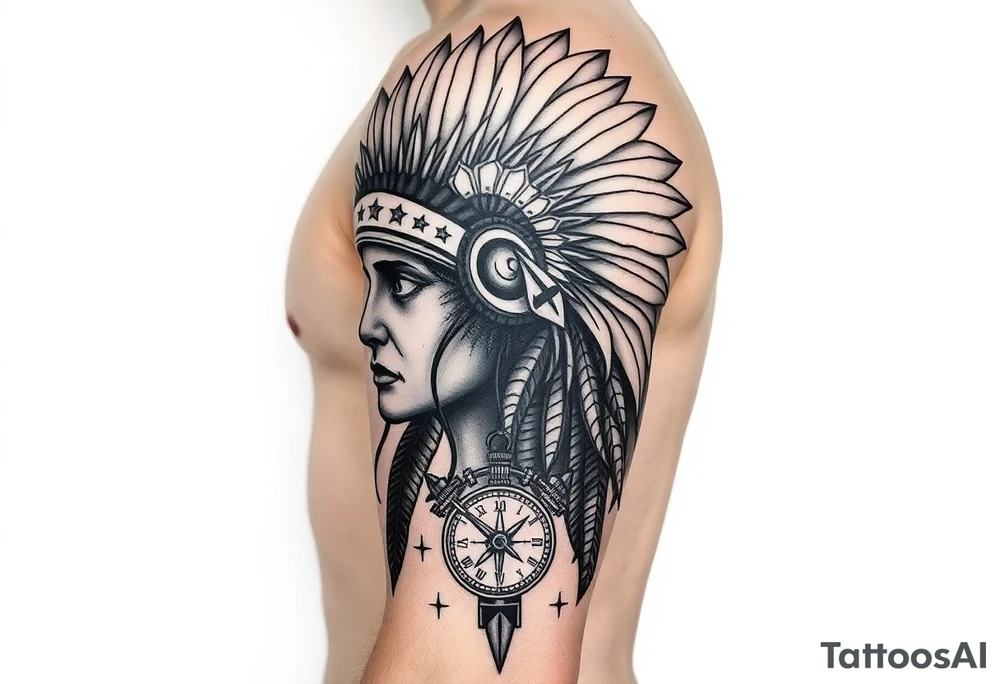 headdress in the sun a compass and a clock and arrowhead tattoo idea