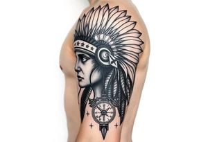 headdress in the sun a compass and a clock and arrowhead tattoo idea