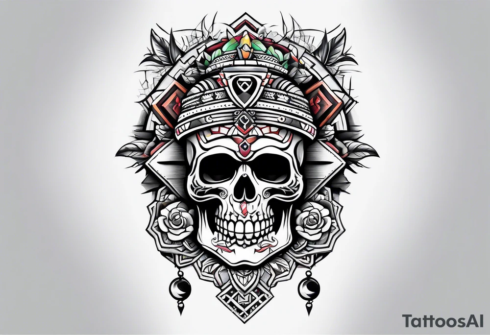 Old school knee tattoo with skulls and mayan symbols tattoo idea