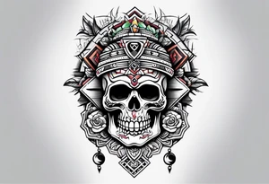 Old school knee tattoo with skulls and mayan symbols tattoo idea