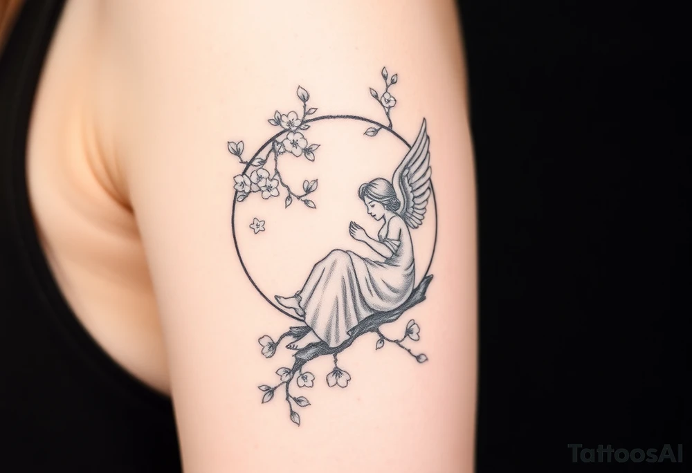 the sun or the moon being wrapped w cherry blossom tree with an angel laying on the moon or lookin at the sun holding its hand out tattoo idea