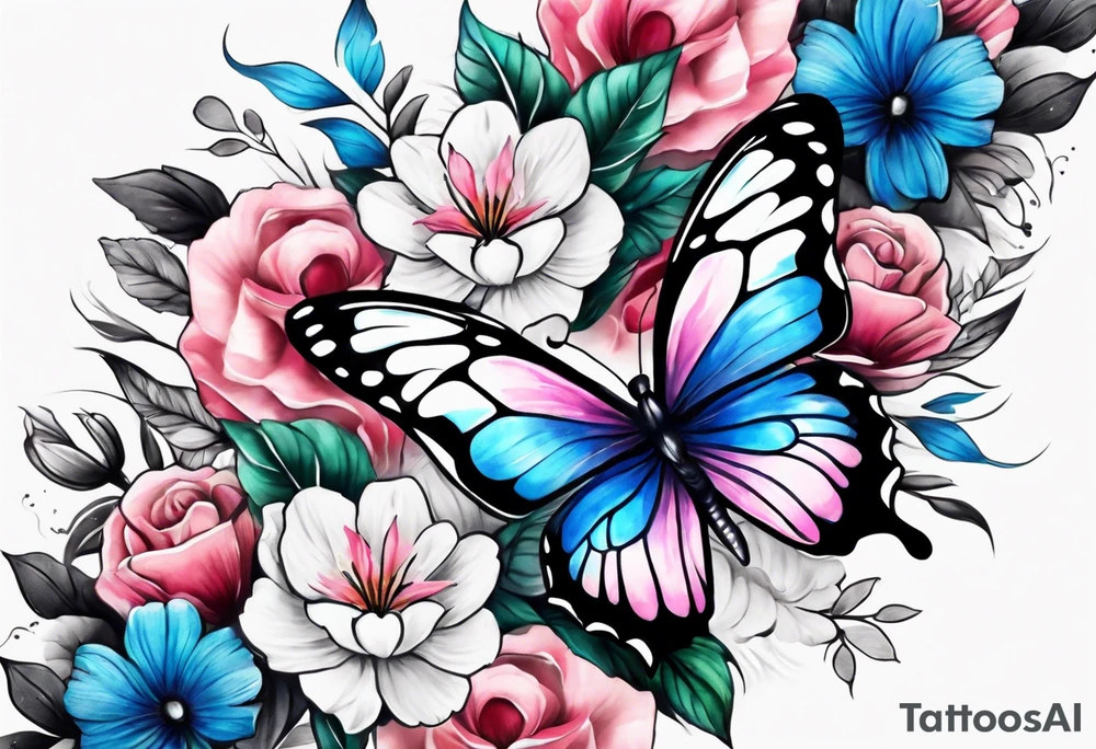 Female arm sleeve with pink, white, and blue flowers and butterflies tattoo idea
