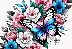 Female arm sleeve with pink, white, and blue flowers and butterflies tattoo idea