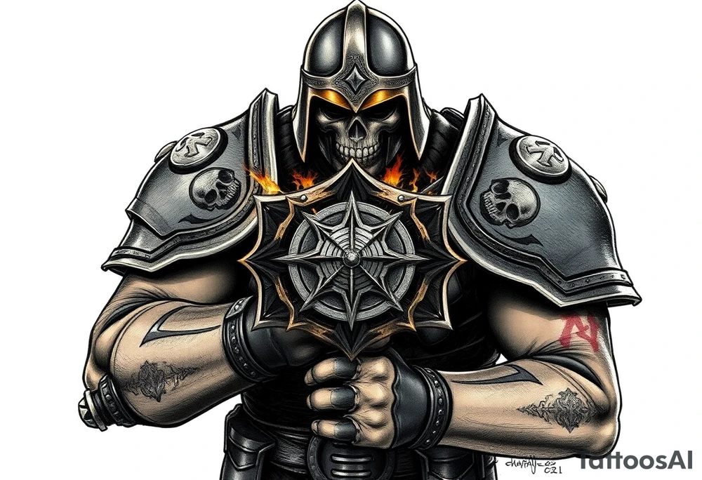 Warhammer, the Old World. A warrior priest of Sigmar holding The Warhammer of Sigmar. The Warhammer of Sigmar is radiating thunderous energy. The Warhammer is held by the warrior priest with both hands upon his chest level. The Warrior priest is wearing dark alloyed heavy armour with skull sigils on his shoulder pads. The warrior priest is wearing a helmet, while the helmets front visor has an humanoid face covering. The helmet and armour are gladened with hints of gold and crimson red. tattoo idea