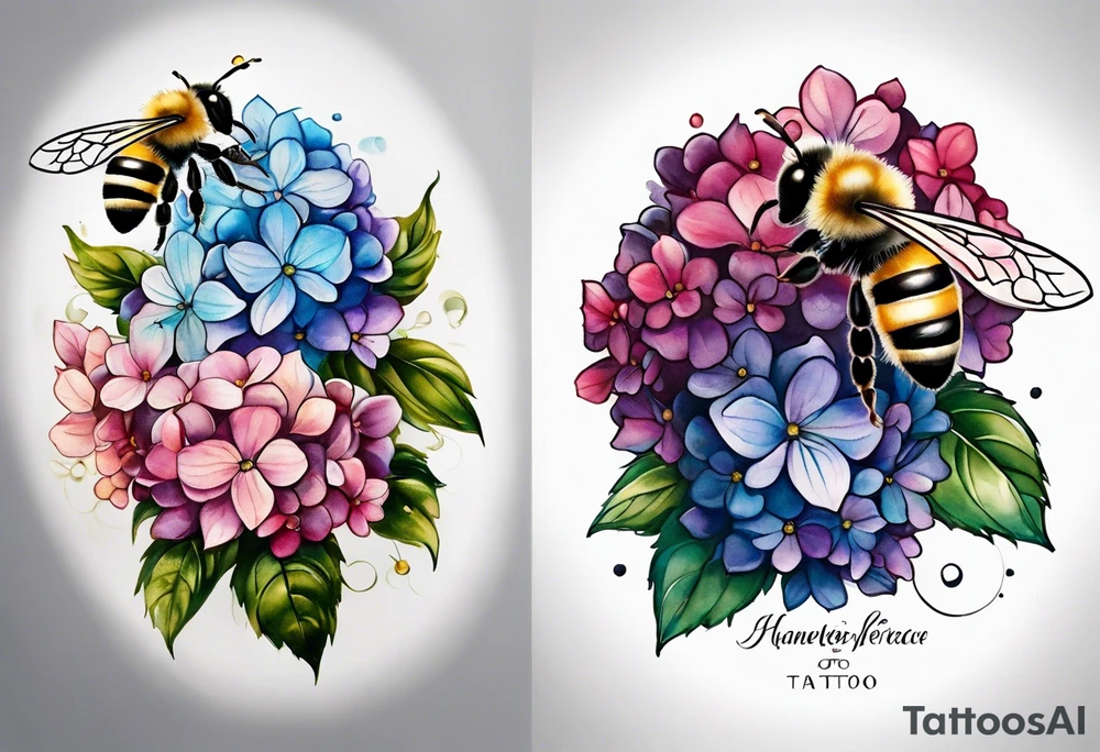 Small tattoo. There’s a hydrangea and a bee but they are not touching. Make the bee smaller than the hydrangea and have the bee off to the side. tattoo idea