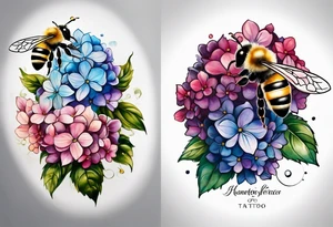 Small tattoo. There’s a hydrangea and a bee but they are not touching. Make the bee smaller than the hydrangea and have the bee off to the side. tattoo idea